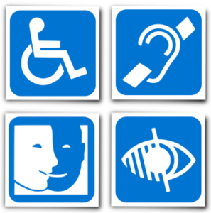 Pictogramme des handicaps moteur, auditif, mental et visuel